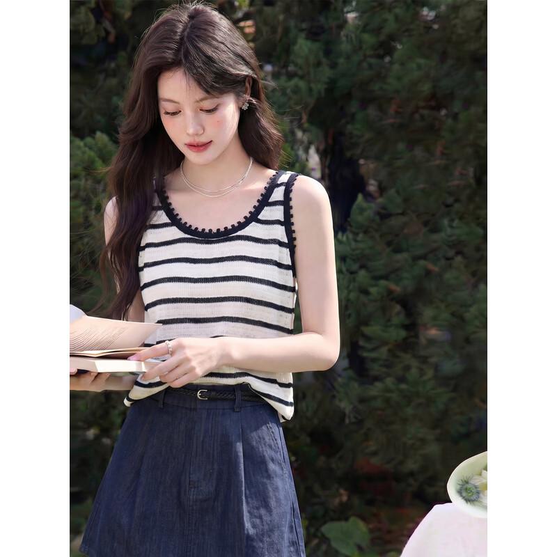 Women s French Style Striped Sleeveless Vest Top M