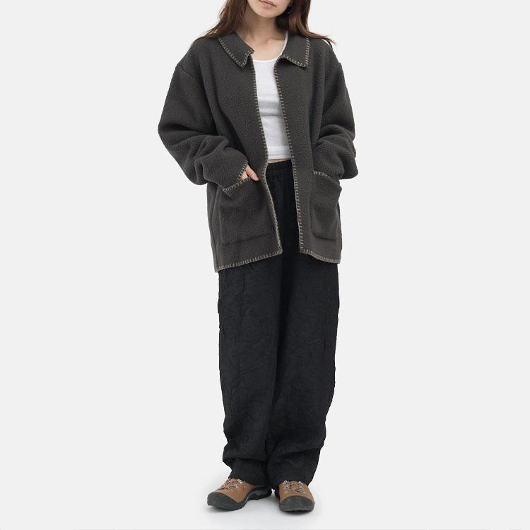Stussy FW21 Woodsy Blanket Stitch Fleece Solid Color Lapel Plush Jacket Casual Hook Edge American Vintage Jacket Unisex jackets Black 218128