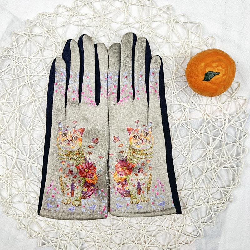 Fashion 3D Oil Painting Gloves Women'S Suede Fleece Thickened Touch Screen Thermal Gloves