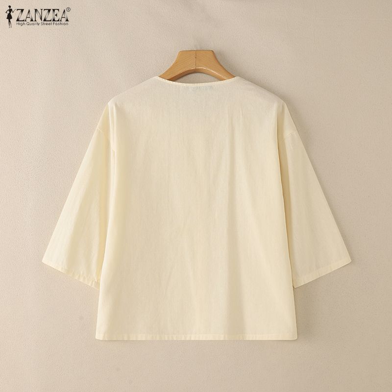 ZANZEA Women Round Neck 3/4 Sleeve Loose Casual Blouse