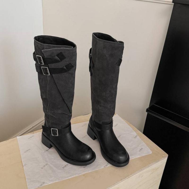 

Autumn and winter big tube circumference Martin boots solid color leather women s leather boots medium heel round head new square heel versatile hig 40