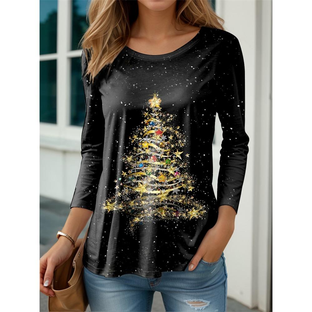 Damen T-Shirt 3D-Druck Weihnachtsstil Grafik Langarm Lustig Rundhalsausschnitt Normale Passform Frühling/Herbst Dünner Stil Sweatshirt