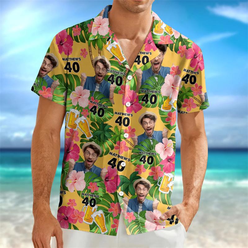 Men's Personalized 2026 Summer Hawaiian Shirt With Custom Birthday Photo, 3D Printed Tropical Plants Button Down Short Sleeve