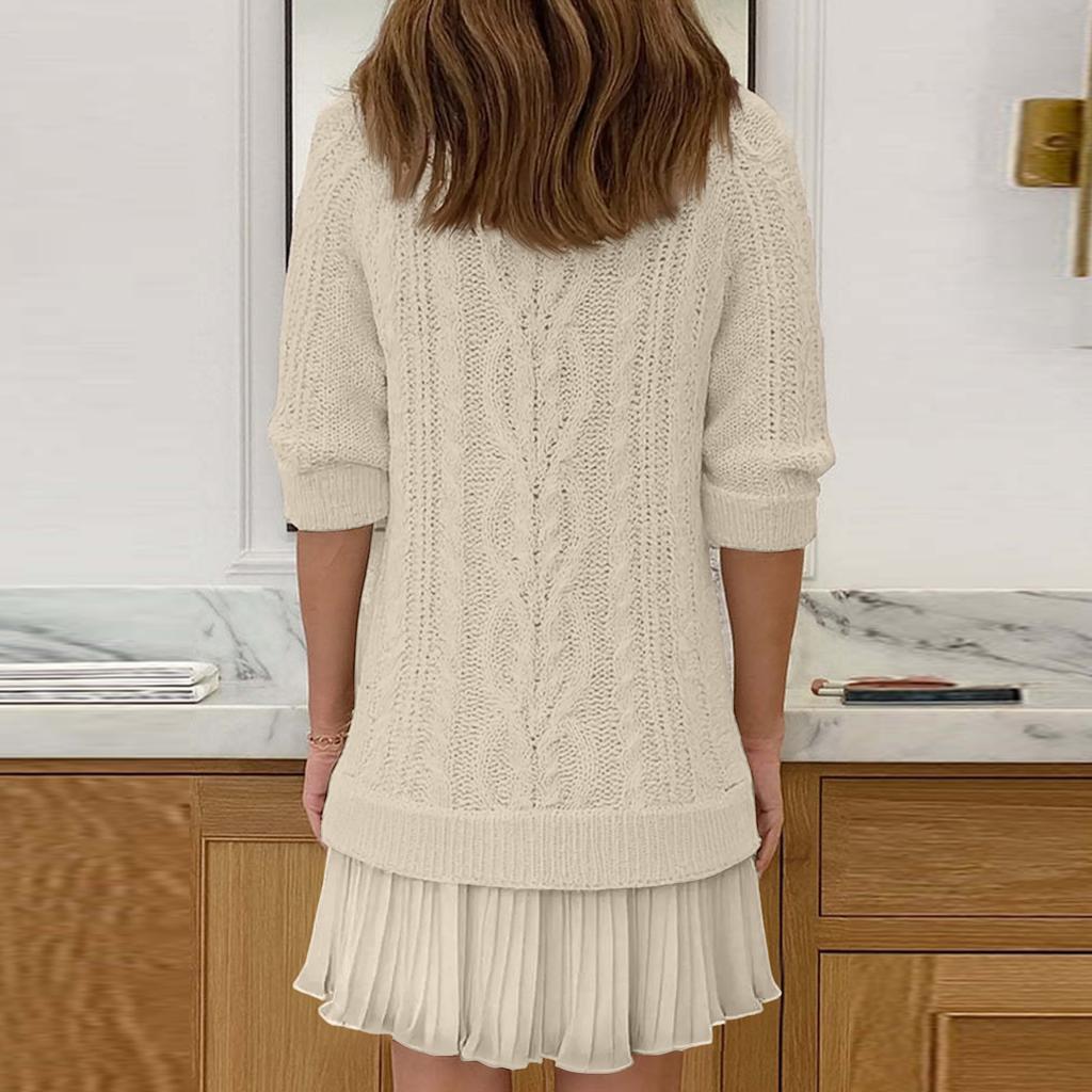 Women's Solid Round Neck  Dough Twists Knitting Chiffon Splicing Sweet Temperament Dress