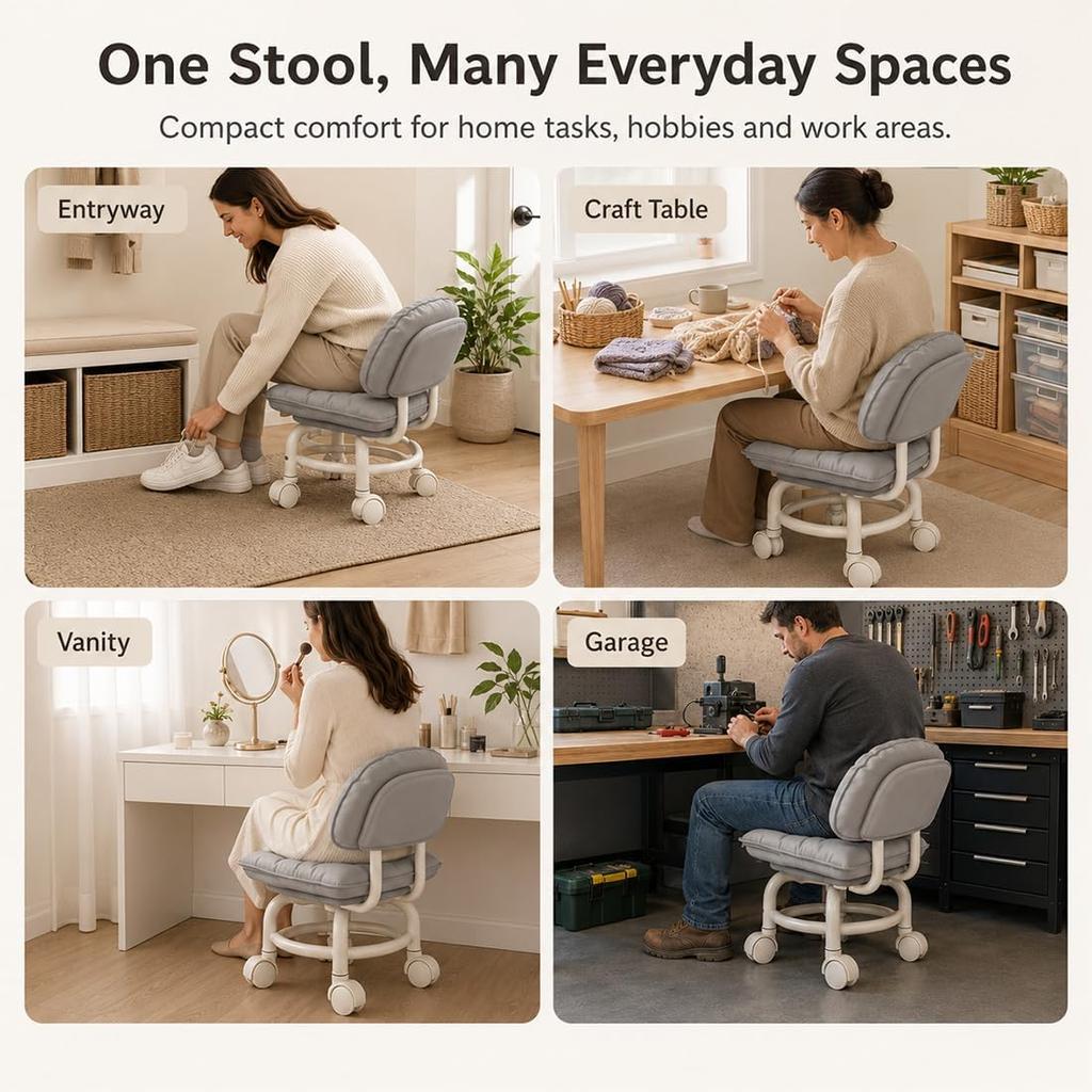 Rolling Low Stool with Backrest Padded Seat & Silent Casters Thick Foam Cushion Smooth Multidirectional Movement for Home Office Garage Shop Library