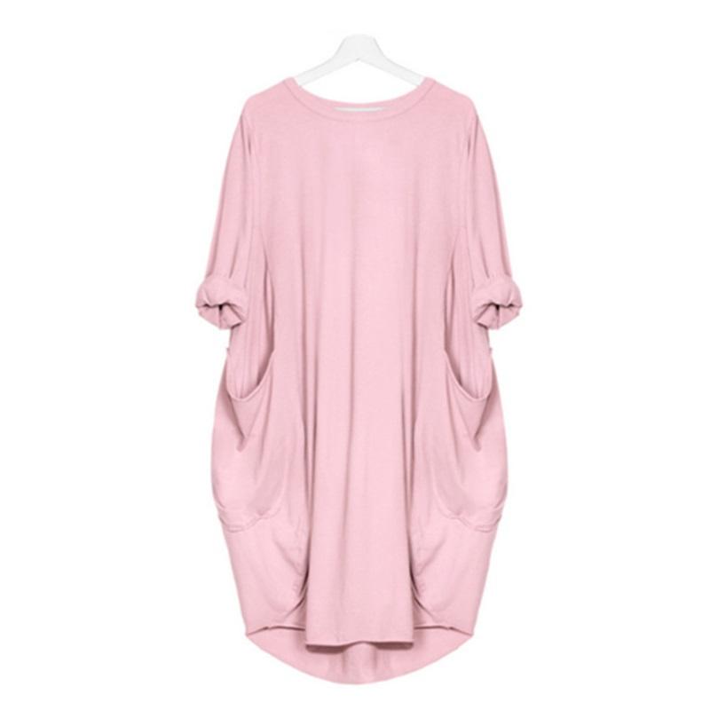 

New Casual Tunic Dress Loose Fit 3/4 Roll-Up Sleeves With Big Pockets For Women XXXL