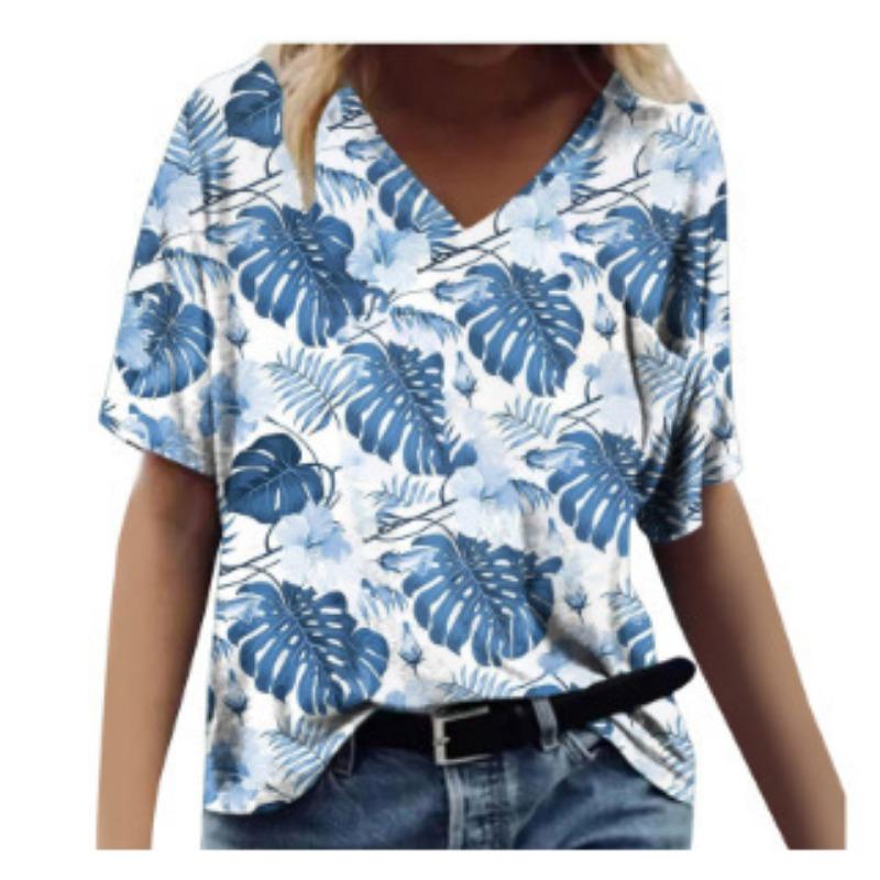 Summer V-neck 3D Feather Flower Printed Top Fashionable Casual Short Sleeved Women's T-shirts