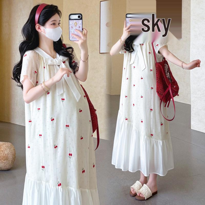 2026 Summer Korean Style Cherry Embroidery Ribbon Maternity Dress - Fashionable and Age-Defying