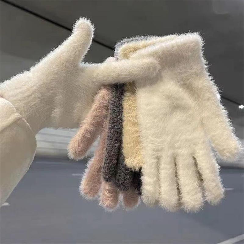 Winter Imitation Mink Velvet Five Finger Gloves Warm Cold-Proof Gloves Women Outdoors Cycling Solid Color Mittens