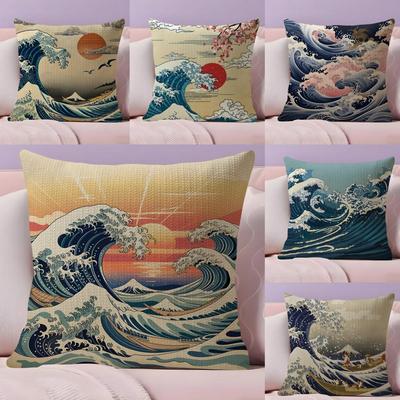 Waves Japanese Style Cushion Cover Natural Linen Pillow Case DoubleSided Print Decorative Sofa Pillowcase Home Decor Gift