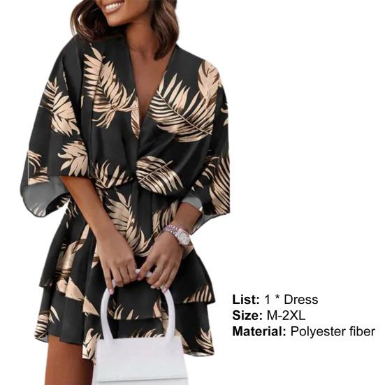 V-Neck Batwing Sleeve Layer Ruffle Hem Holiday Dress Summer Casual Waist Drawstring Coconut Leaves Print Mini Dress Female Clothes