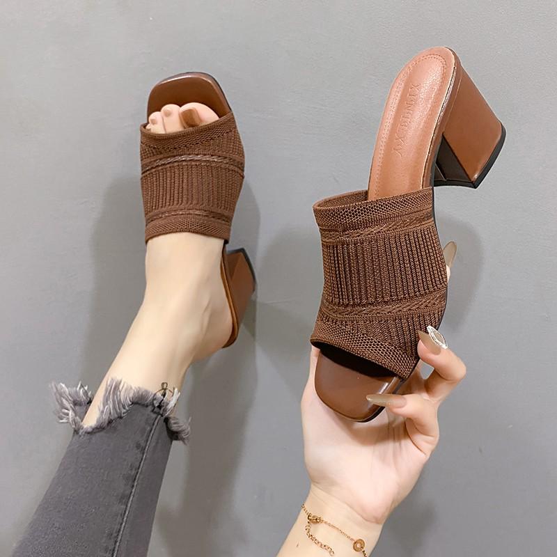 Fashion Summer New Coarse Slippers Women's Square Head Shallow Mouth Mesh Cloth Breathable Open Toe Non-slip Sandals