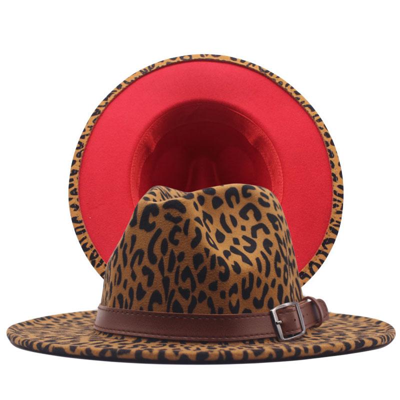 Autumn and winter British style men and women double-sided color matching leopard print woolen jazz hat new fashion flat-brimmed hat big eaves hat