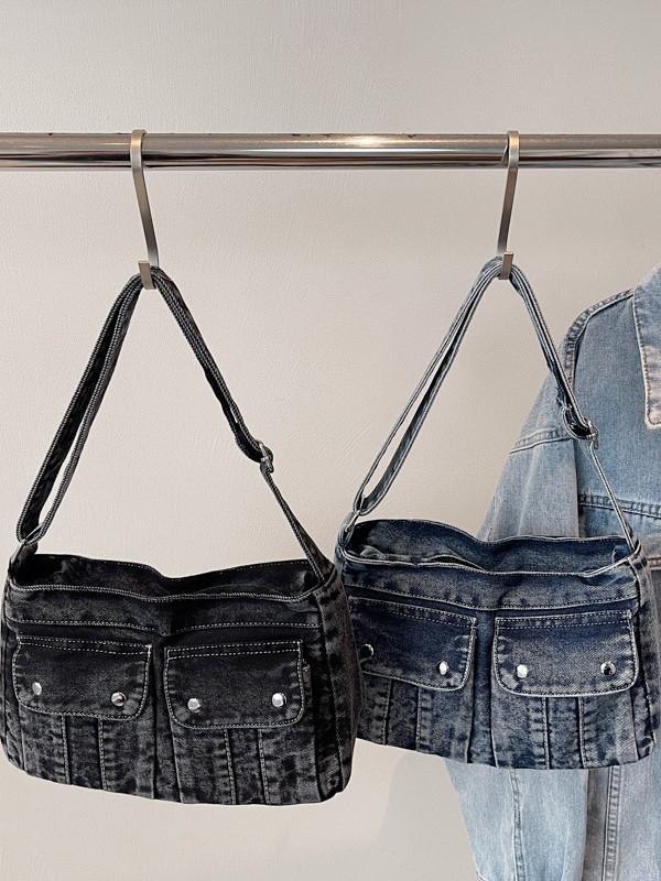 Large Capacity Denim Tote: Japanese & Korean Style, Workwear-Inspired, Versatile Daily Commute & Sports Crossbody Bag