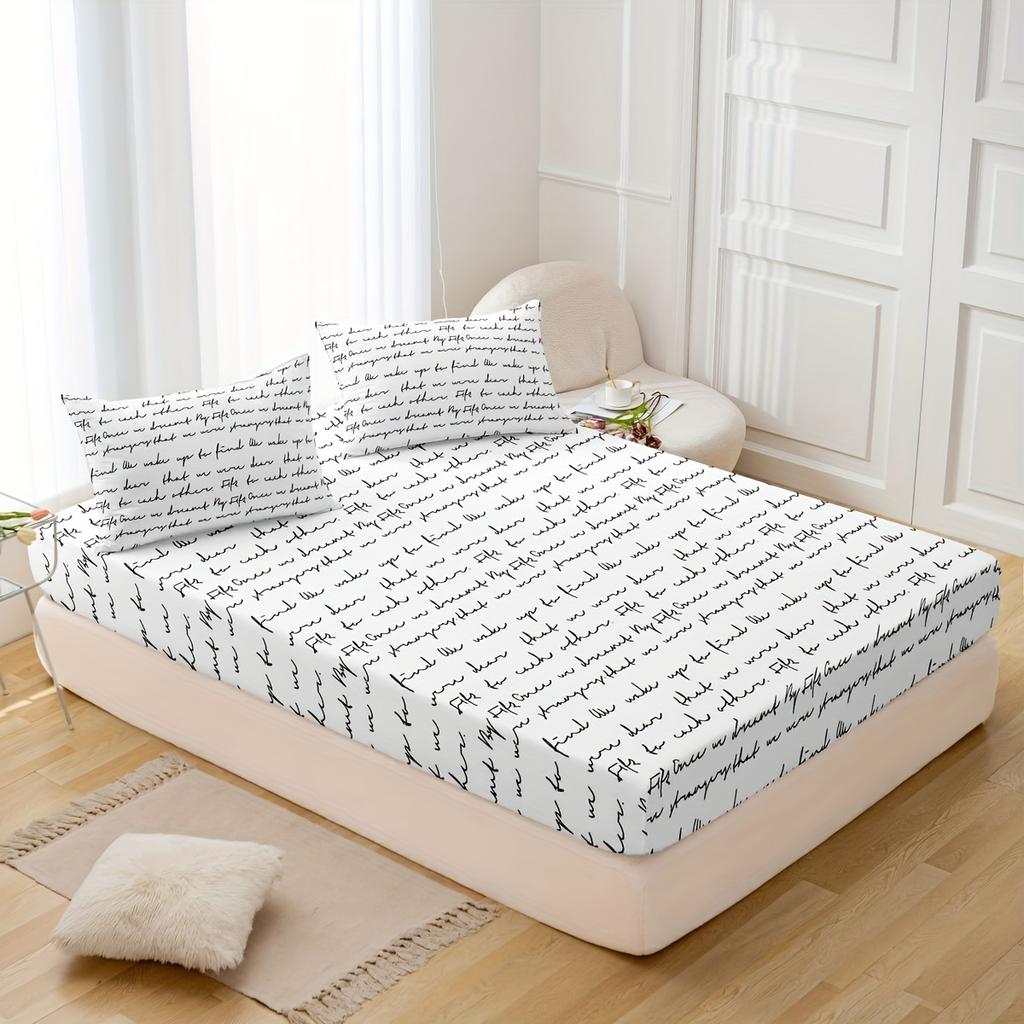 3-Piece Love Letter Print Fitted Sheet Set - Ultra-Soft, Breathable, Comfortable Bedding For Bedroom, Guest Room - Includes 1 Fi