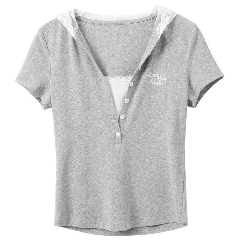 Sancai Women s Faux Two-Piece Hooded Embroidered T-shirt XL