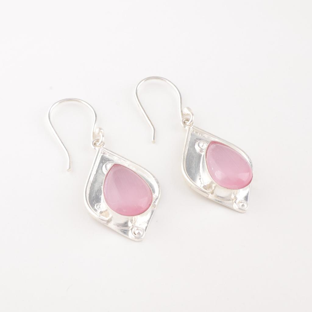 Pierre gemme œil de chat rose Bijoux en argent 925 poinçonné Boucles d'oreilles à crochet faites à la main 1,90" EE-35-44