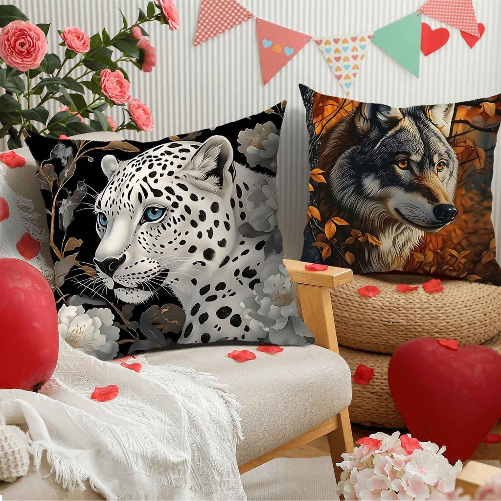 Tiger, Snow Leopard And Wolf Patterns Printing Pillow Cover Short Plush Suitable Living Rooms Bedrooms Sofas Throw Cushion Cover