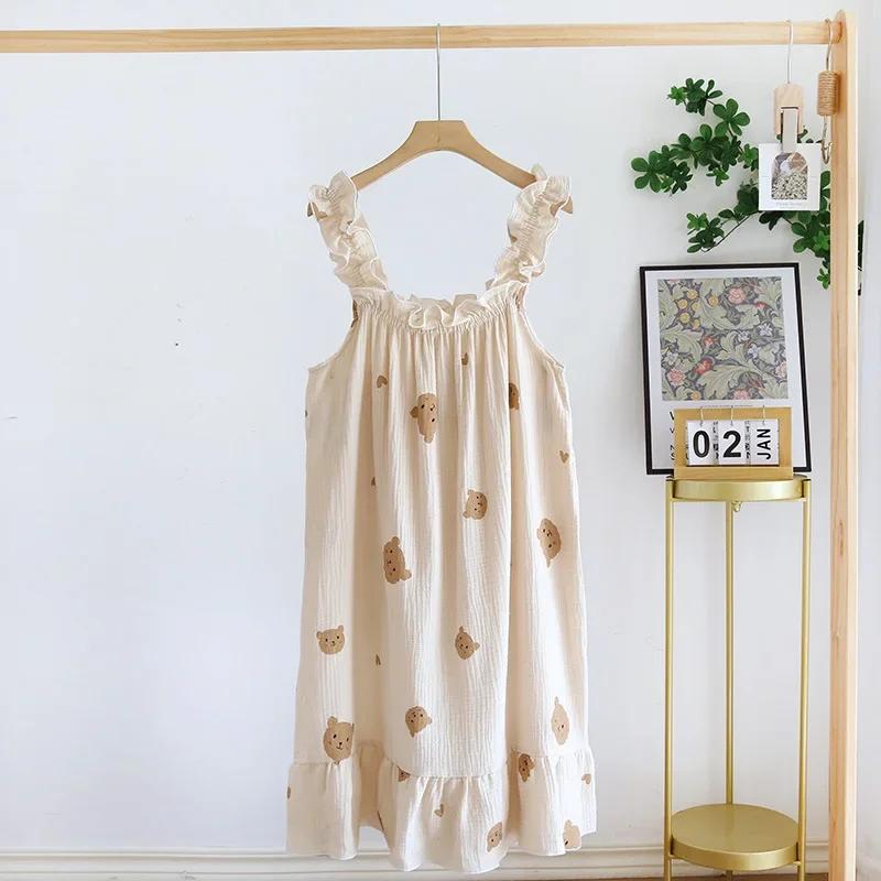 Ladies Summertime Cotton Yarn Pure Cotton Thin Suspender Nightdress Loose Mid-length Sweet and Lovely Long-cut Home Dress Camisola Sexy