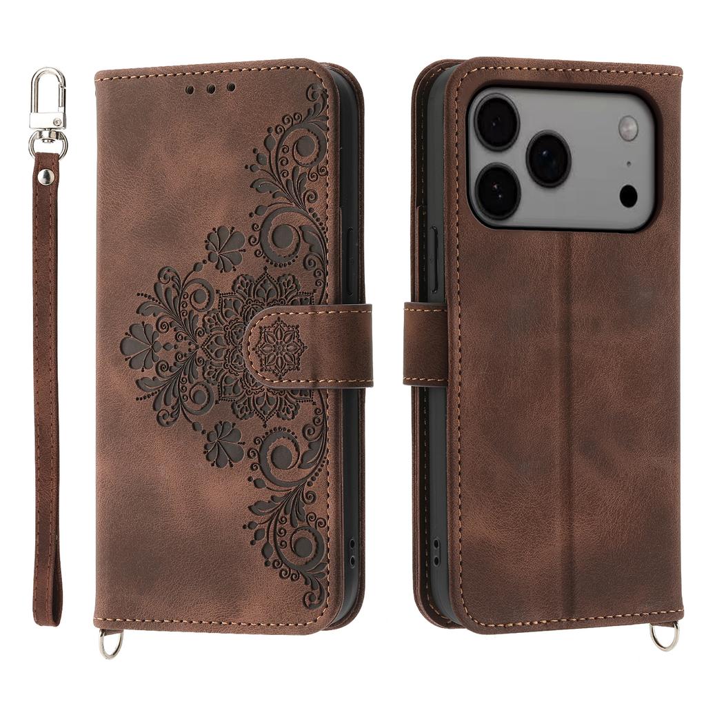 For iPhone 17 Pro Max Case Flower Pattern PU Leather Wallet Phone Cover with Strap