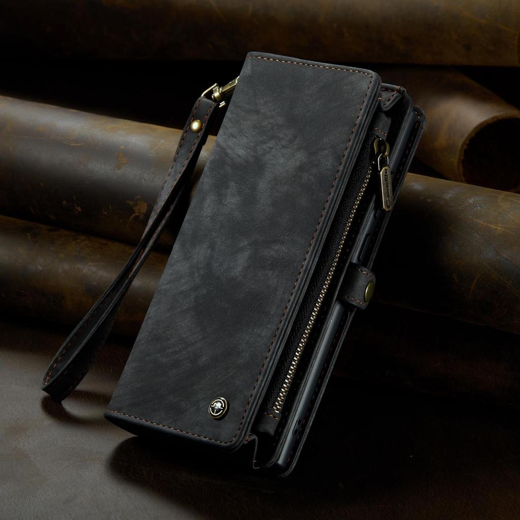 CaseMe-008 For iPhone 16 Pro Max Removable 2-in-1 Zipper Wrise Strap Multi-functional Wallet Case Card Slots Phone Cover