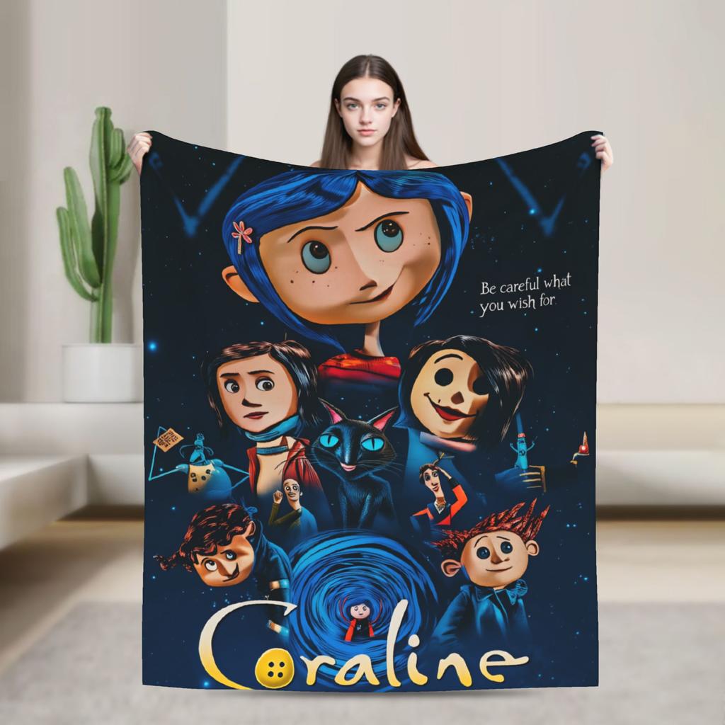 Coralines Animated Movie Blanket  Travel Flannel Throw Blanket For Living Room Warm Soft Custom DIY Quality Bedspread Gift Idea