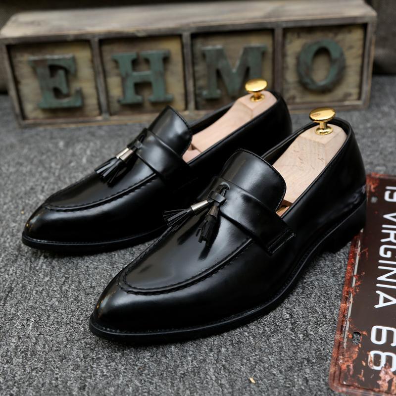 Men s Autumn British Casual Tassel Leather Shoes - Retro Pointed Toe Hairdresser Style 42 чёрный