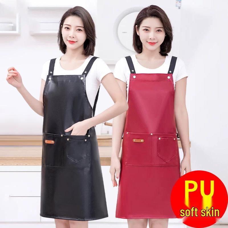 PU Soft Leather Waterproof Kitchen Apron, Oil-Proof, Wash-Free, Unisex Strap Waistband for Cooking and Catering.