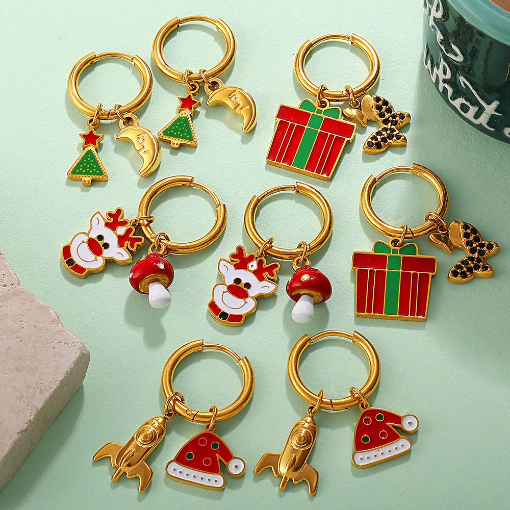 Stainless Steel Cartoon Christmas Tree & Elk Ear Cuff Earrings