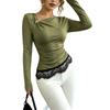 Damen-Farb-Langarm-T-Shirt mit asymmetrischem Ausschnitt, Spitzenbesatz am Saum und Akzenten