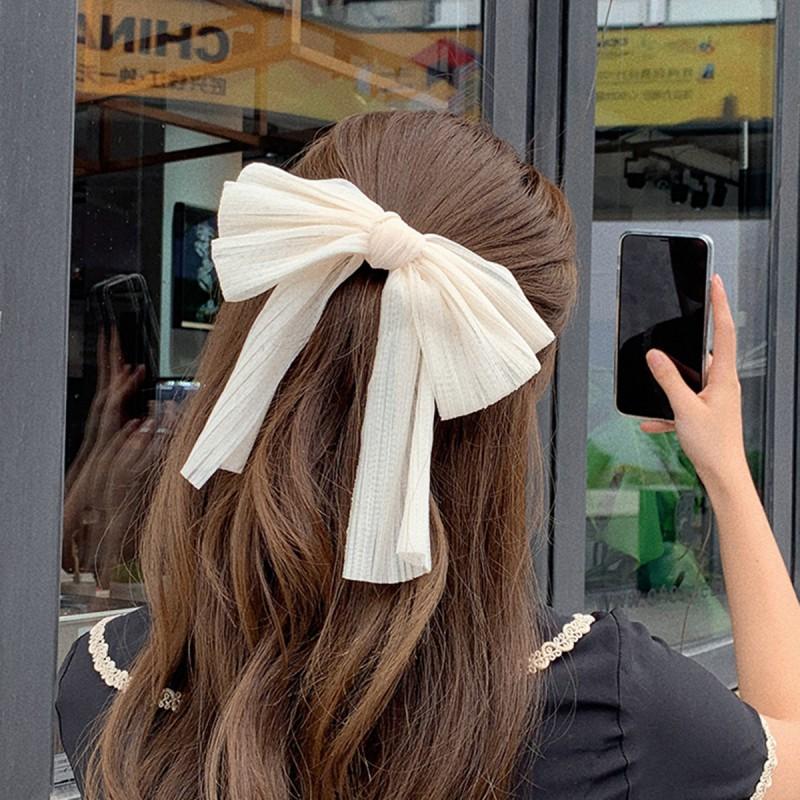 Elegant White Satin Bow Hair Clip Women 2025 Korean Style Mesh Clamp With Ribbon Detail