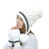Girls Thicken Ski Snow Cap Fur PomPoms Winter Women Beanie Hats Female Skullies Warm Gloves + Knit Hat Set
