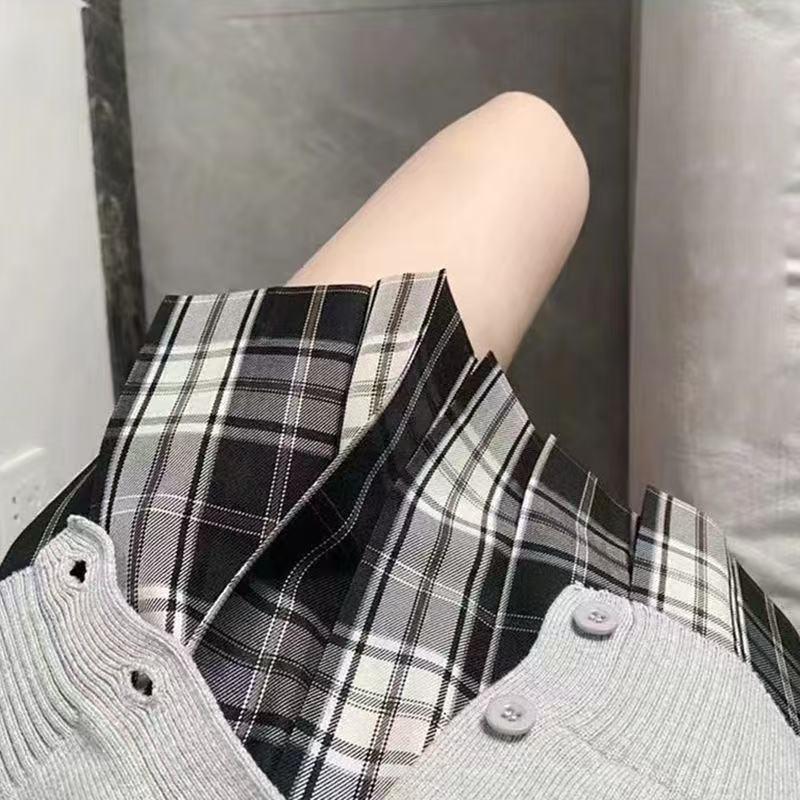 Japanese JK School Uniform Plaid Skirt Set - Women's Short Sleeve Pleated Skirt