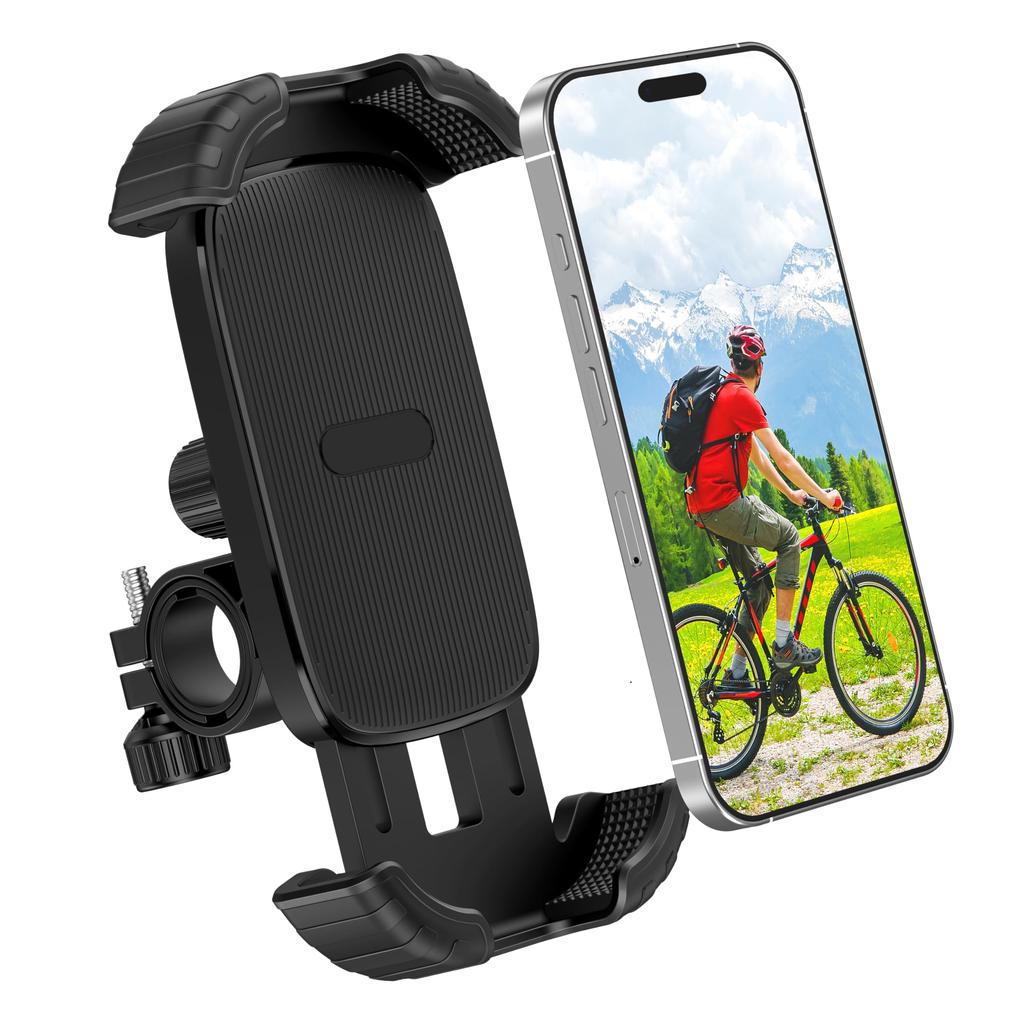 Držák na smartphone na kolo Snadný Volně Vibrace Odolný Telefon Pasuje Silniční Černý Stojan, Instalace, Jednodotykový, Nastavitelný, Rotace o 360 stupňů,