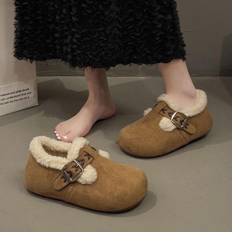 Leather inner height-increasing women's shoes, autumn and winter new thick-soled velvet thermal cotton shoes, one pedal fluffy shoes