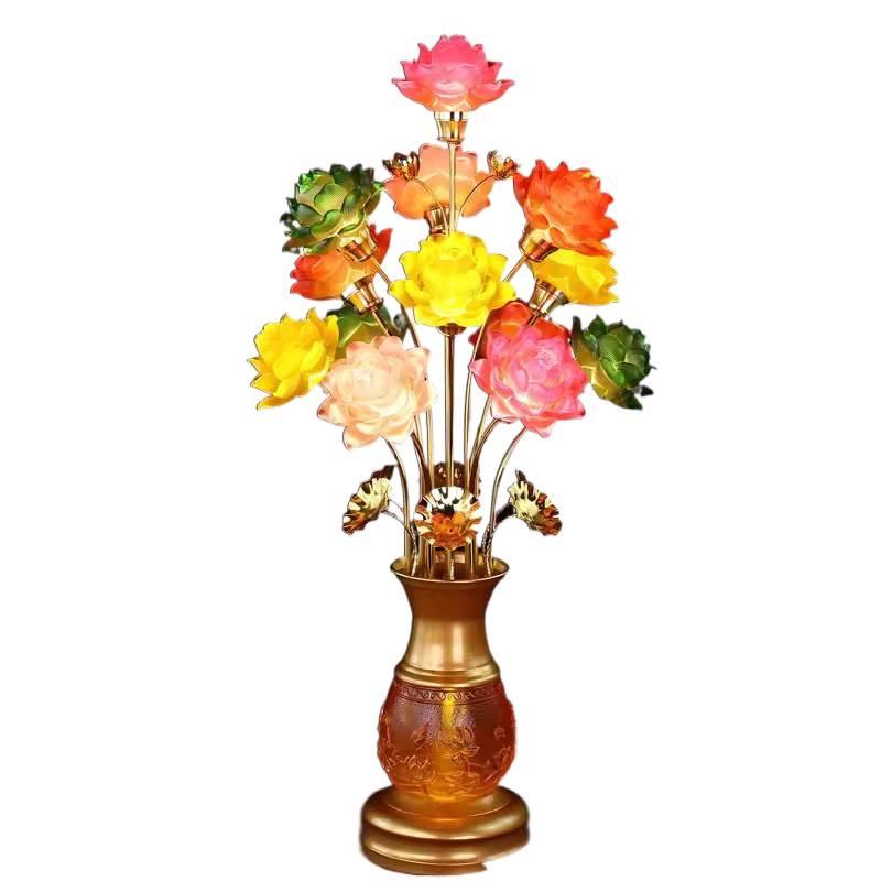 Seven-Color Lotus Lamp for Buddha Offering: Ever-Burning Guanyin Home Decor – Nine Horse Year Edition