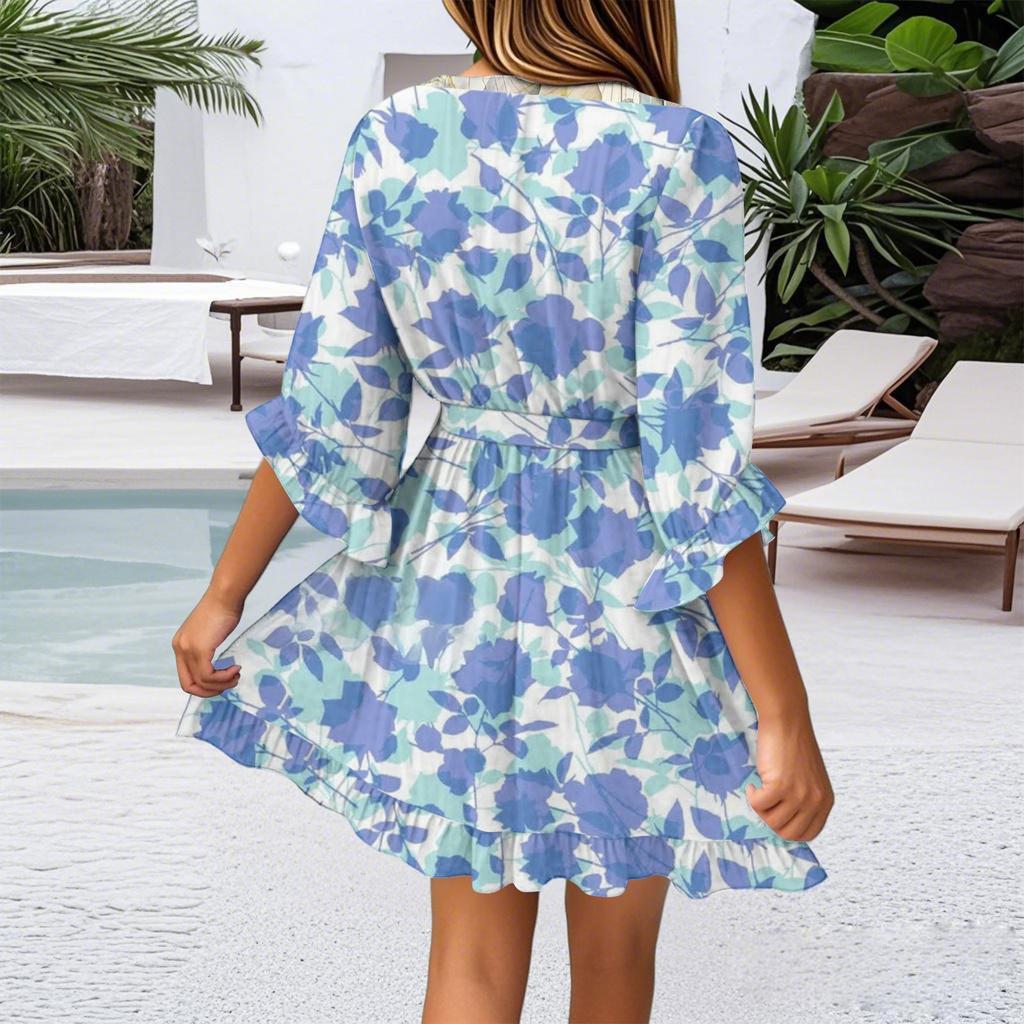 Damen Vintage Bedrucktes V-Ausschnitt Halbarm Korsettiertes Temperament Lässiges Kleid (Gürtel inklusive)