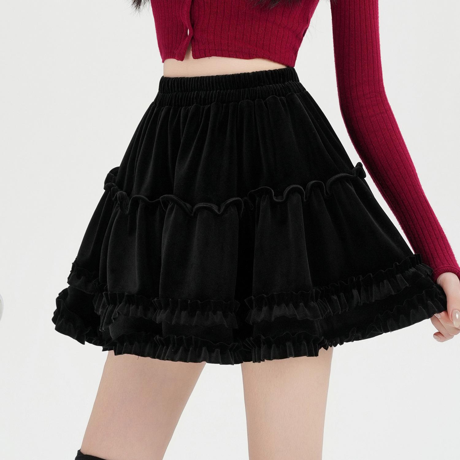 

High-Waist Velvet A-Line Fluffy Skirt for Women - Autumn/Winter Collection Small чёрный