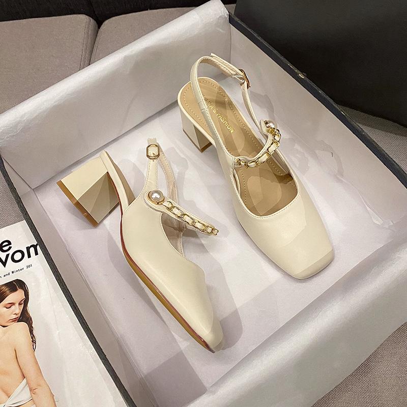 Square head bag head half slippers women wear new Mary Jane shoes high heels empty sandals women's summer thick heels