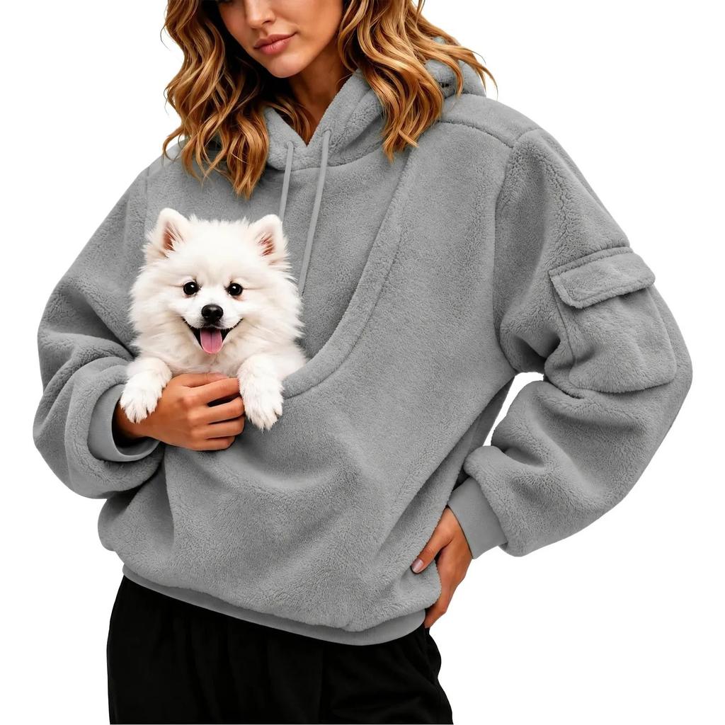 Felpa Casual da Donna in Flanella con Tasca per Animali, Manica Lunga, Pullover