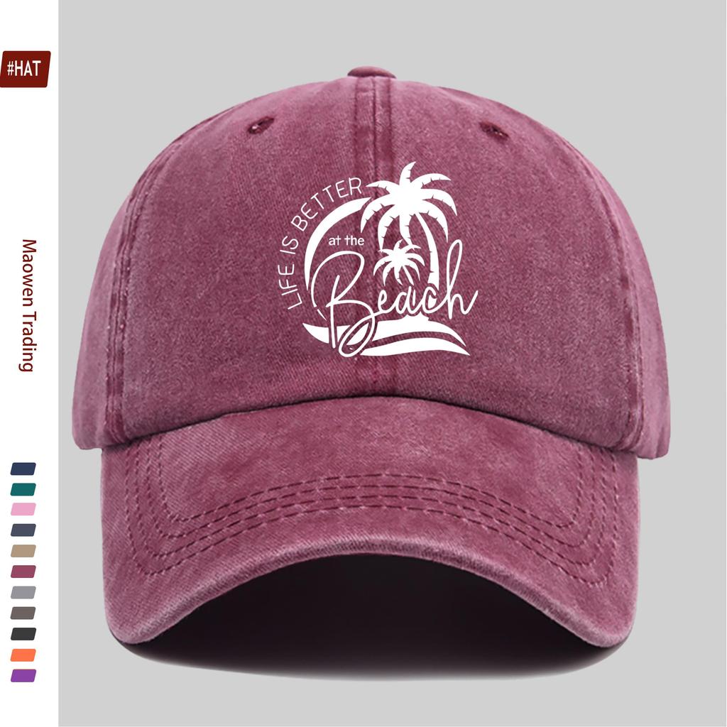 Pc Vintage Beach Vacation Print Baseball Cap Sweet Vacation Style Decorative Papa Hat Trucker Sun Hat Washed Buckle Strap Ad