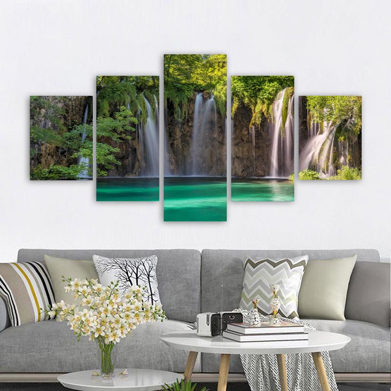 5 Panels Landscape Waterfall Posters and Prints Canvas Painting Wall Art Pictures Living Room Home Decor Lake Tree No Frame
