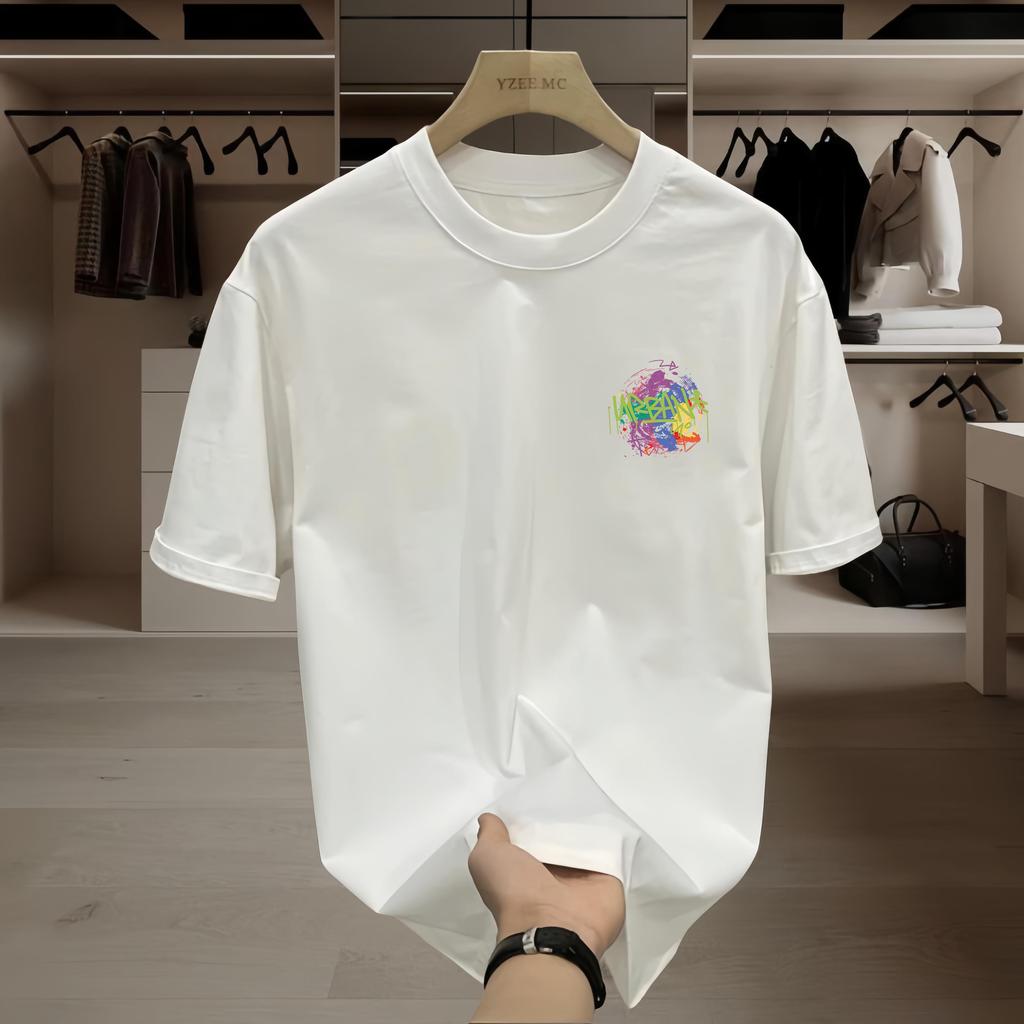 Heavy Cotton Trendy Brand Graffiti Printing Round Neck Short Sleeve Men's Loose Casual Versatile White T-shirt