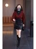 Chic Angora Red Semi-High Neck Women's Layered Stretch Shirt