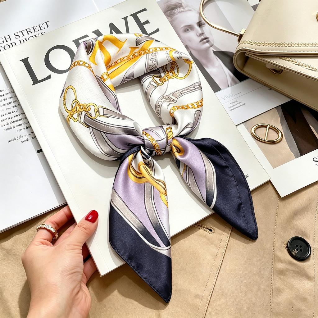 Commuter elegant flower silk scarf women's contrasting color retro printing satin scarf shirt with multi-purpose decorative small scarf
