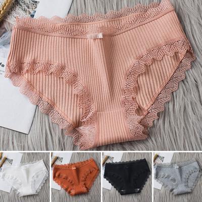 Calzoncillos de mujer Hilo Cintura media Borde de encaje Color sólido Entrepierna de algodón elástico Absorbe la humedad Calzoncillos de uso diario elásticos Bragas deportivas