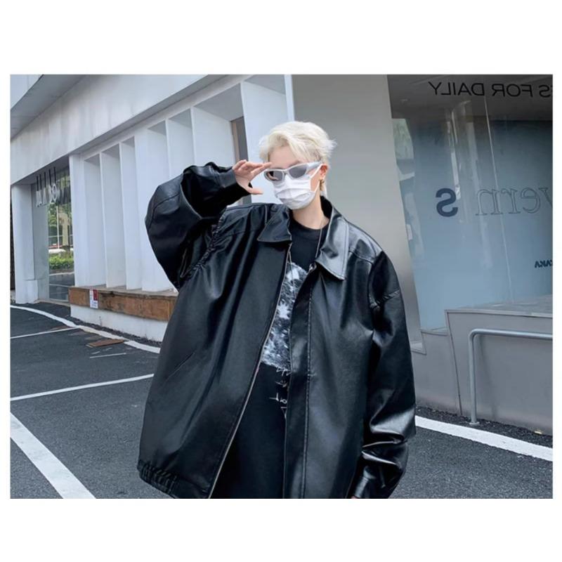 American Retro Black Leather Jacket Men's High-end Feeling Spring and Autumn Clean Fit Cool and Stylish Shoulder Pad Jacket Motorcycle Suit