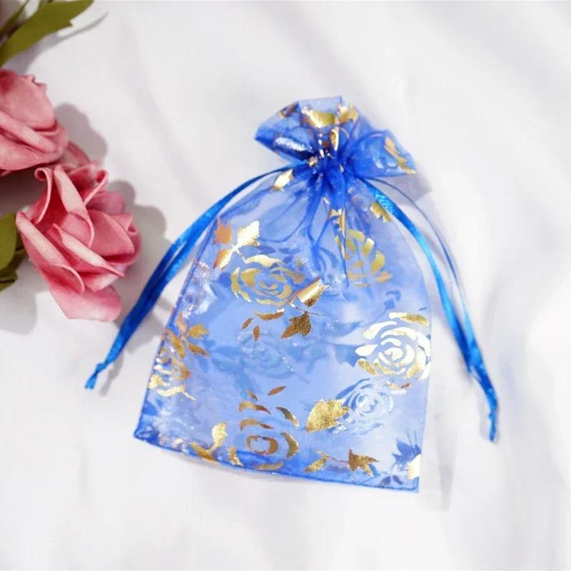 50piece Gold Stamp Rose Pattern Gauze Bag Colorful Pull Rope Self Sealing Storage Bags Candy Gift Accessory Package Jewelry Pouc