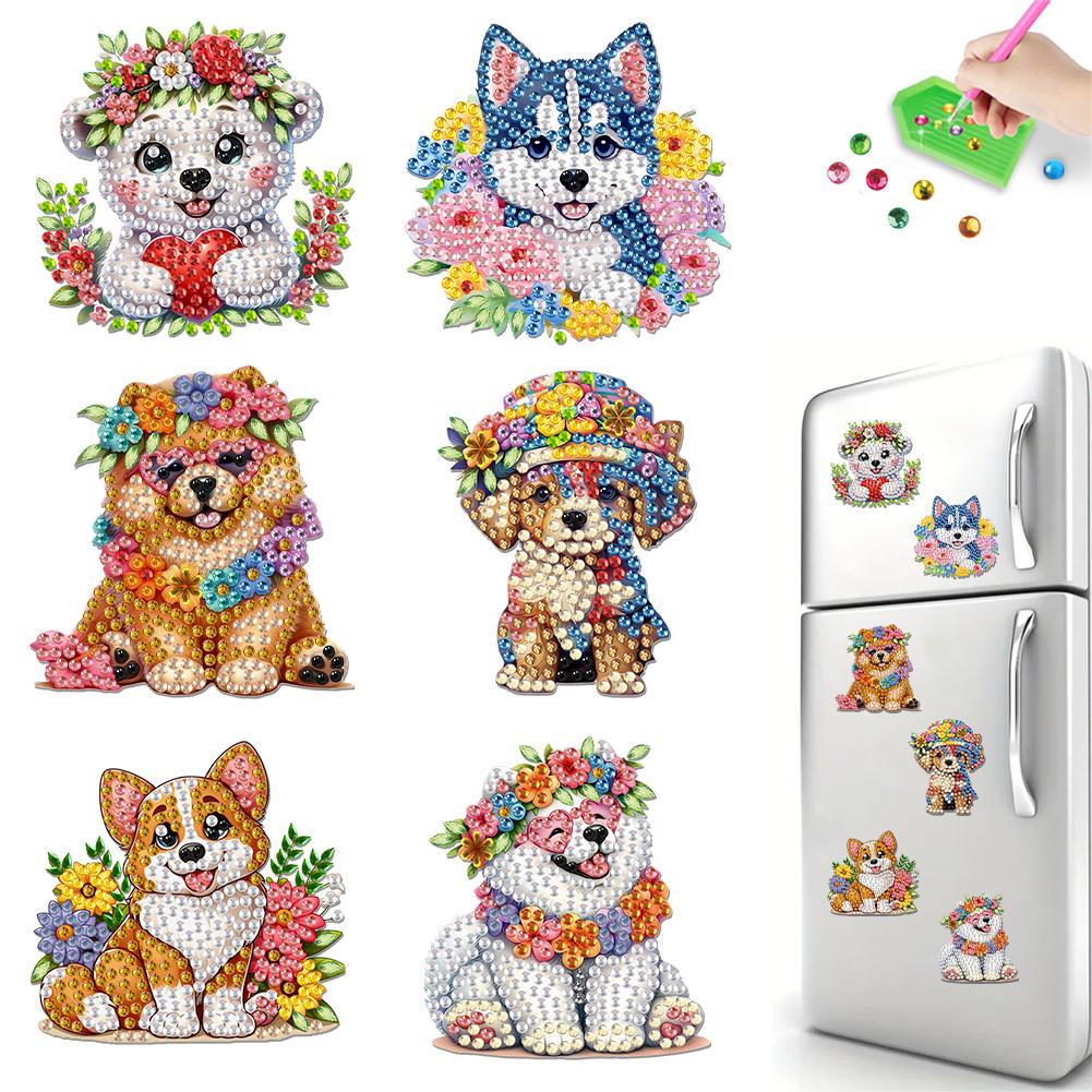 6Pcs Acrylic Flower Dogs Fridge Stickers Diamond Art Magnets Decals Diamond Painting Refrigerator Magnet for Adults Beginners