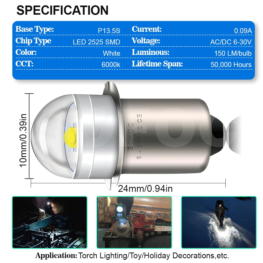 SOFOC P13.5S LED Torch Bulb 6-30V ACDC 6000K White Decorative Light DIY Indicator Lamp OutdoorBicycle Headlamp Maintenance Penlight (2pcs)